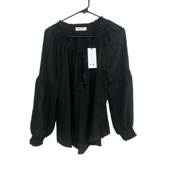 R/C The Brand Black Boho Peasant Top Small Balloon Sleeve Tassel Tie - Picture 1 of 8